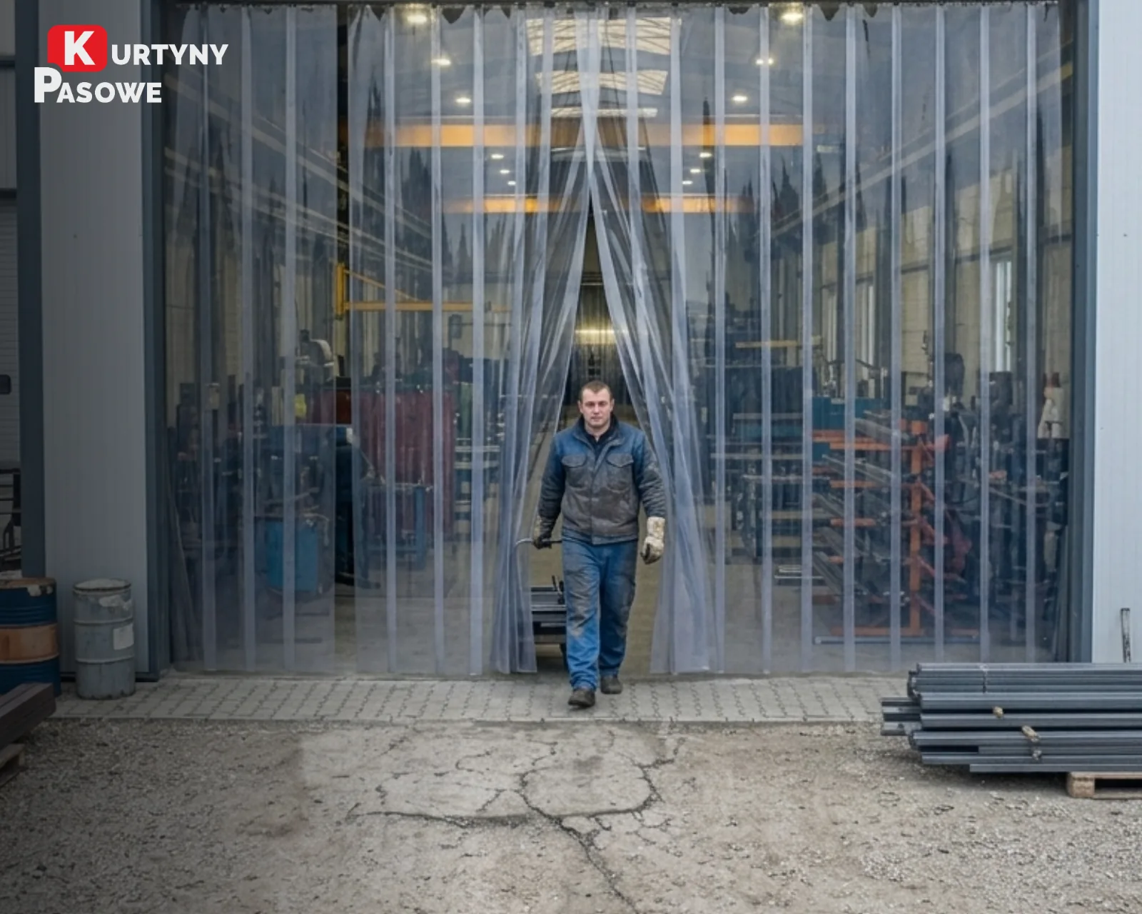 Montaż kurtyny paskowej PCV: monter przykręca listwę grzebieniową INOX nad bramą hali, obok gotowa kurtyna z czerwonym pasem skrajnym